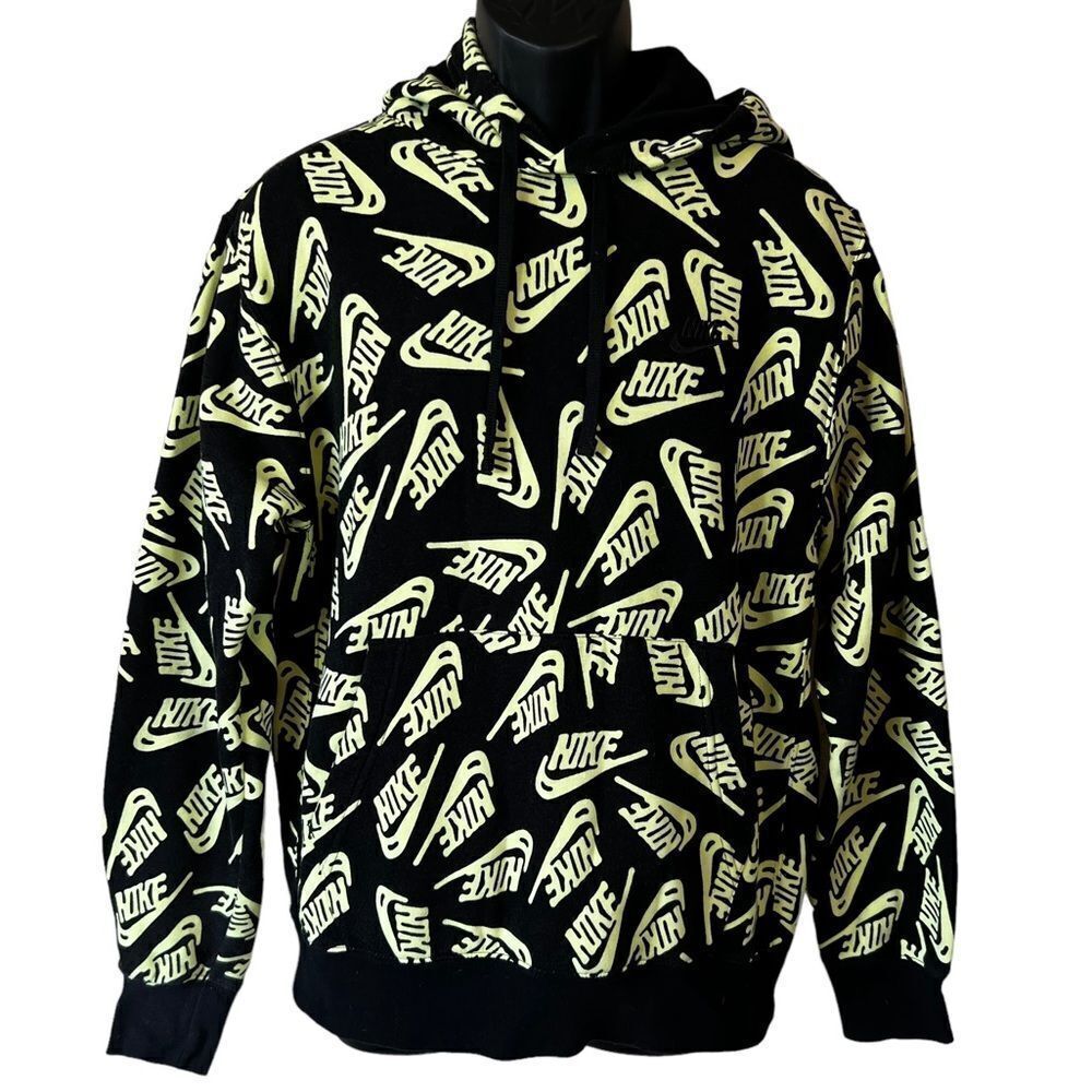 Nike Essentials All Over Print Logo Hoodie Pullover in Volt Black
